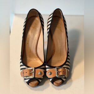 Guiseppe Zanotti Design Sz 6.5 B Navy & White Striped Leather Peep Toe Stilettos